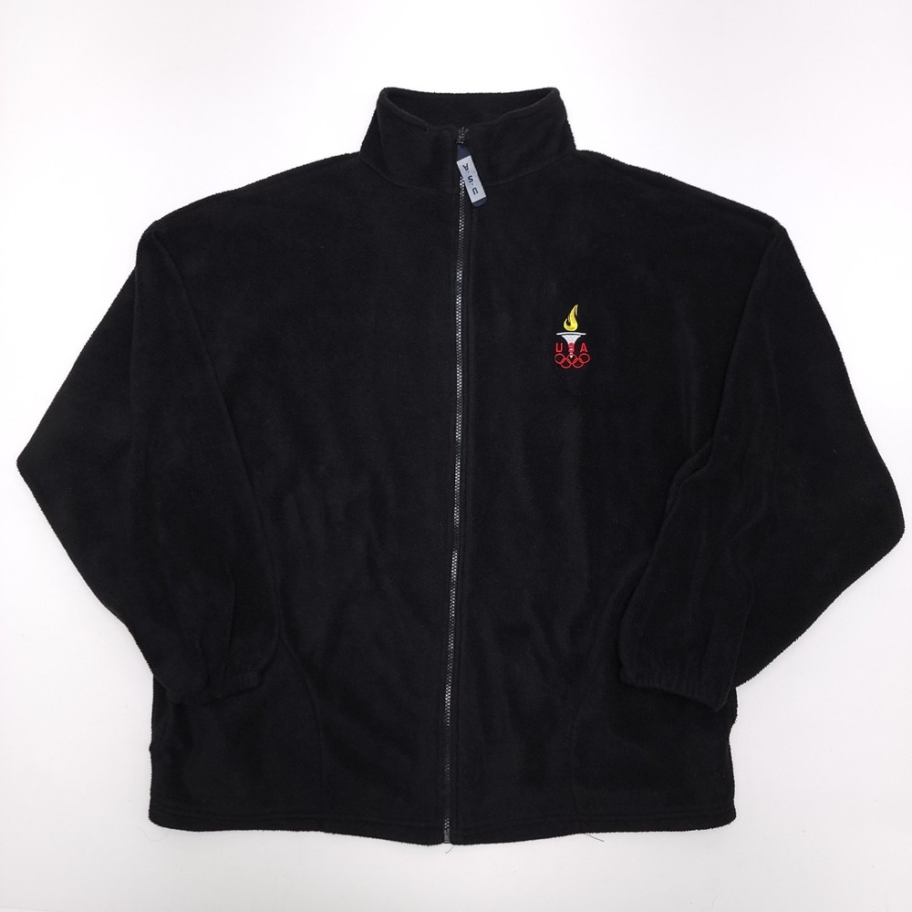 Vintage Olympic Torch Mens XXL Black Full Zip Fleece Sweater Embroidered USA 2XL
